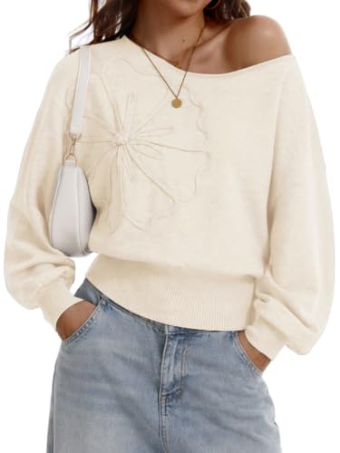 WUDODO Womens Fall Off the Shoulder Sweater Beige Cream M at Amazon
