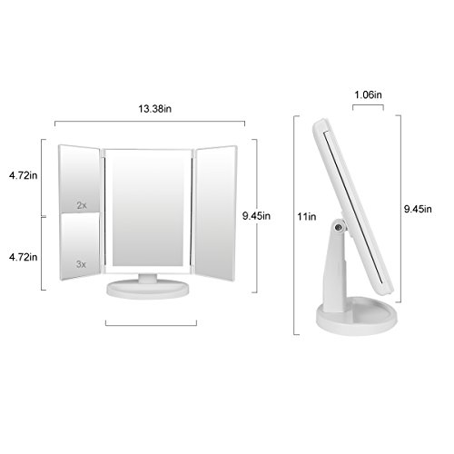 36 LED Nature Daylight Lighted Makeup Mirror,Tri-Fold Lighted Vanity Makeup Mirror with 3X/2X Magnification and Touch Screen Dimming Makeup Mirror, 180 Degree free Rotation, Countertop Cosmetic Mirror