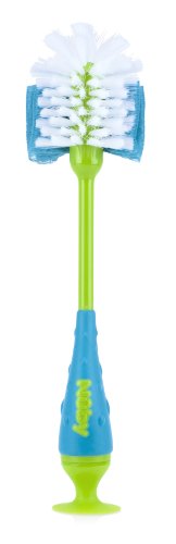 Nuby 2-in-1 Baby Bottle Brush with Stand - Soft Nylon Bristles - Dishwasher Safe - Bottle and Nipple Cleaning Tool - Aqua/White