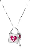 Sterling Silver Diamond Accent Lock and Key White with Magenta Enamel Pendant Necklace, 18