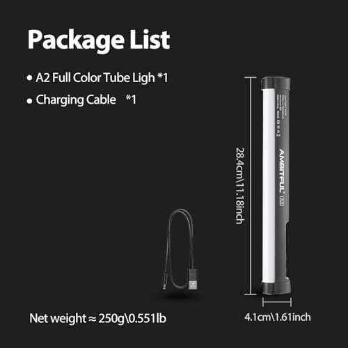 AMBITFUL A2 RGB LED Light Wand -Full Color Magnetic Video Light Stick,Handheld Tube Light with APP Control 29 Effects, 2500-8500K, 2500mAh, CRI 95+ for Photography, YouTube, TikTok (A2)