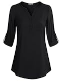 Messic Women's V-Neck Blouses 3/4 Roll-Up Sleeve Button Casual Chiffon Tunic Shirt