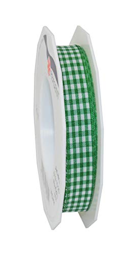 Praesent - Vichy Wired Ribbon Green-White 15 mm Width, 20 m Length