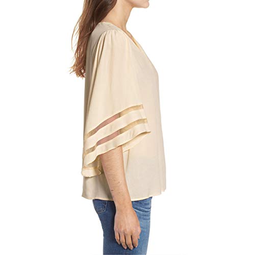 Shy Velvet Women's V Neck 3/4 Bell Sleeve Chiffon Blouse Mesh Panel Loose Top Shirts Beige - Thumbnail 3