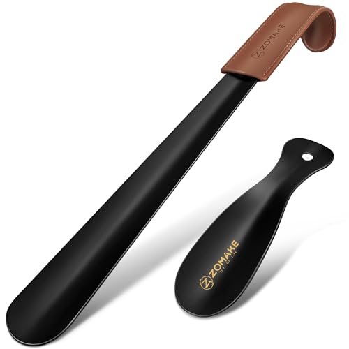 ZOMAKE Shoe Horn Long 42 cm, Small Shoe Horn 19 cm, Robust Metal Shoe Horn Set for Seniors, Children, Men & Women, Practical and Portable for Everyday and Travel (2 Black A)