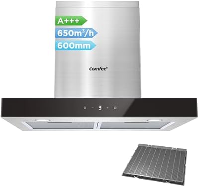 Cappa Aspirante 60 cm Classe A+++ TSHM77SS-60 650m³/h Acciaio Inossidabile Cappa Cucina con LED, Sistema di Ricircolo e Canalizzazione e Ciltri a Carbone