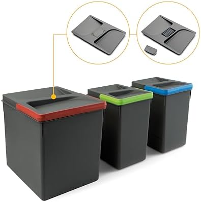- Reciclar recipientes de gavetas de cozinha, resíduos com tampa de odor, H 266 mm (1 x 15 L + 2 x 7 L), plástico cinzento antracite