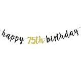 Happy 75th Birthday Banner, Black Glitter Cheers to 75 Years Party Bunting Decorations