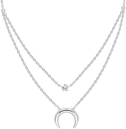 Womens Girls 925 Sterling Silver Layered Necklace Jewelry Set Moon Star Pendant 18K White Gold Cubic Zirconia Necklace for Lover Wife Mother Friends Gift