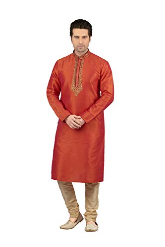 Dessa Collections Mens Kurta Pajama Wedding Dupion India Party Wear Orange Set of 2.