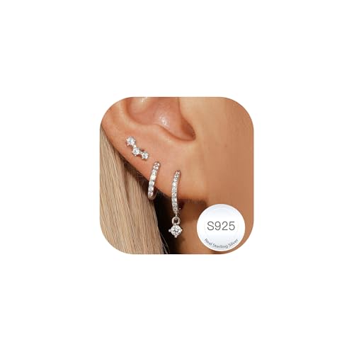 Halora 3 Pairs 925 Sterling Silver Studs Hoop Earrings Set for Women 14K Gold Earring Stacks Hypoallergenic Cartilage Earring Sets for Multiple Piercings Jewellery Valentines Gifts