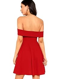 Romwe Vestido de mujer con hombros descubiertos, manga corta, corte ajustado, plisado, para cóctel, patinaje