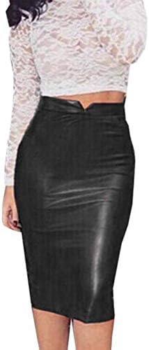 iYYVV Women PU Leather Skirt High Waist Slim Party Pencil Bodycon Hip Skirt