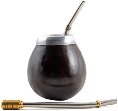 Handmade Natural Mate Gourd Set (original Mate cup) Including 2 types of Bombilla (Yerba Mate straw) DARK BROWN