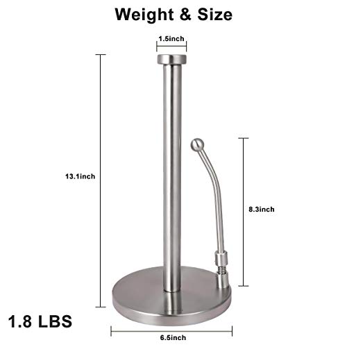Paper Towel Holder Stand Countertop - Single-Handed Tear Paper Towel Dispenser Stainless Steel Organizer with Weighted Base Adjustable Spring Arm to Hold Paper Roll for Kitchen Bathroom