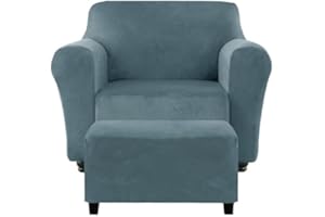 KSLHRCB Chair and Ottoman Cover Set, Armchair and Ottoman Velvet Cover Non-Slip, Stretch Single Seat Sofa and Foot Stool Covers Set for Living Room (Grey Blue,Chair + Ottoman)