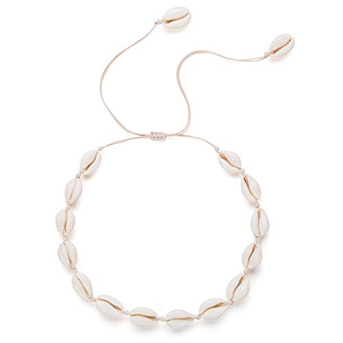 Fesciory Puka Shell Choker Necklace for Women Summer Natural Cowrie Adjustable Necklace Bracelet Set, Handmade Boho Hawaiian Beach Seashell Jewelry for Girls(Beige Shell)