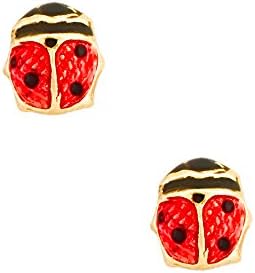 14K Yellow Gold Enameled Lady Bug Stud Kids Earrings With Safety Screw Backs (2.7 X 3 Millimeters)