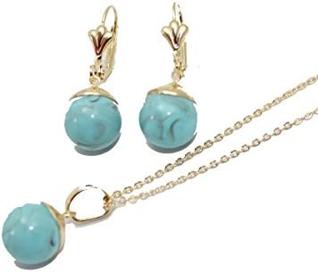 Turquoise 12 mm Ball Necklace and Earrings Set 18k Gold Plated Leverback Earring - Collar Y Aretes Enchapado