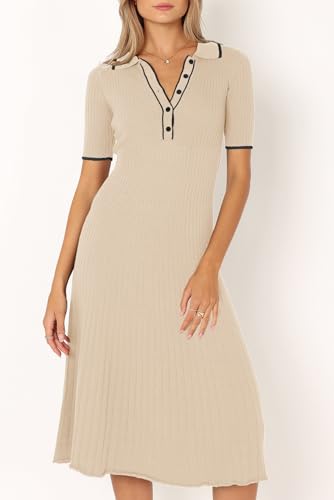 MITILLY WOMEN’S 2024 SUMMER SHORT SLEEVE SWEATER DRESS BUTTON V NECK RIBBED KNIT A LINE CASUAL MIDI DRESSES MEDIUM APRICOT