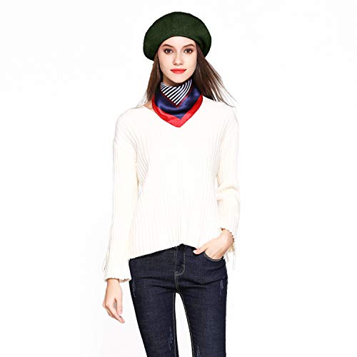 Wool Beret Hat Solid Color French Artist Beret with Skily Scarf and Brooch (Dark Green)