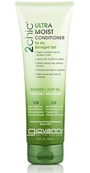 Giovanni Organic 2Chic Olive Oil & Avocado Ultra-Moist Conditioner with No Parabens, No Sulphates, No Mineral Oil, No Colours, No PEG, USDA Certified Organic, For dry, damaged hair 250ml (Made in USA)
