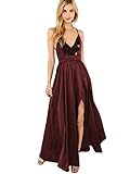 SheIn Women's Sexy Satin Deep V Neck Backless Maxi Party Evening Dress Large Burgundy#2