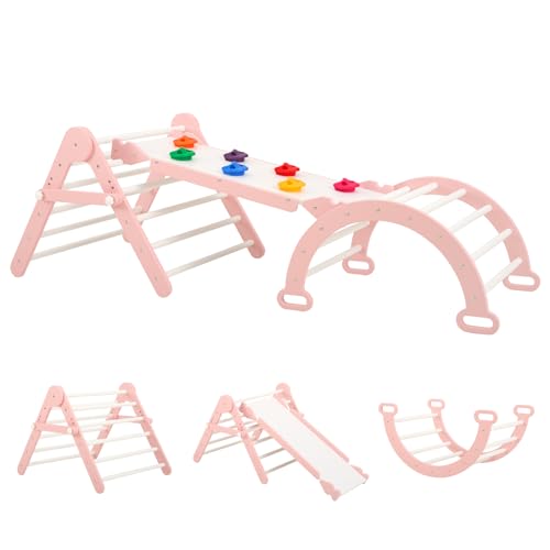 FUNLIO Foldable Pikler Triangle Set, Montessori Climbing Set with Solid Wood for Toddlers 2-6 yrs, Adjustable 3-in-1 Indoor Play Gym with Arch/Slide/Climbing Rock/Triangle, Easy to Install - Pink