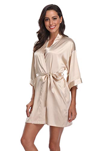 Women's Silky Bride Bridesmaid Kimono Robes Short Wedding Party Getting Ready Robe Dressing Gown with Gold Glitter, Bridesmaid Champagne M - Thumbnail 3