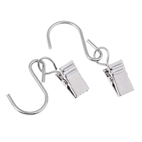 10pcs Stainless Steel Hanger Clips with S Hook Metal Curtain Clip Pegs Wire Holder for Rope String Lights, Gutter Hangers for Lights, Curtain Clips