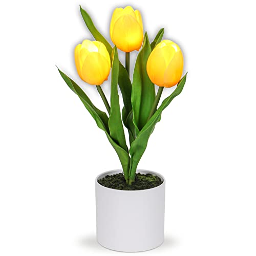 DILATATA Yellow Tulips Artificial Flowers Real Touch Fake Tulips in Vase Fake Potted Flowers 13" with LED for Centerpieces Home Wedding Decor