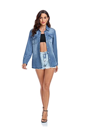 WOMEN’S LONG SLEEVE BUTTON DENIM SHIRT V NECK COTTON CLASSIC CASUAL JEAN SHIRTS FOR WOMEN BLUE
