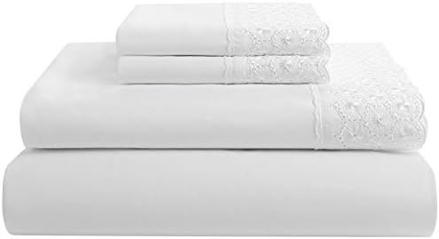 Emma Cotton Percale Embroidered Lace Sheet Set White Queen