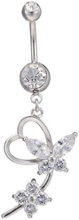 Fashion Women Body Piercing Jewelry 14G Hypoallergenic Stainless Steel Cubic Zirconia Belly Button Ring Navel Rings Buterfly Dangle White