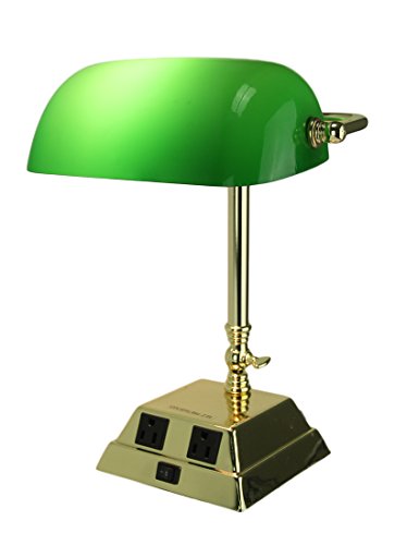 Metal & Glass Desk Lamps Green Glass Bankers Lamp Polished Brass Finish With Charging Outlets 13 X 10.5 X 9 Inches Gold