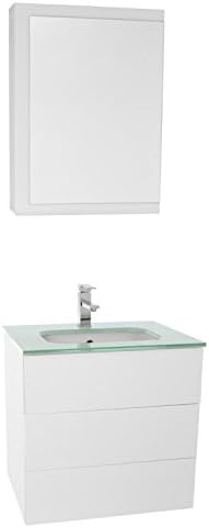 Iotti TN511 Time Bathroom Vanity with White Glass Top Wall Mounted and Medicine Cabinet Included, 24", Glossy White