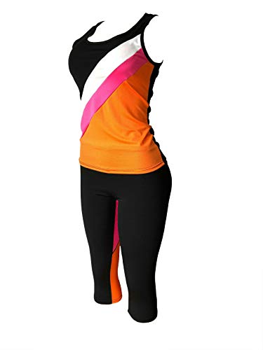 Women's Apparel Sports Gym Yoga Workout Activewear 2 Pieces Top+Leggings Set (L/XL = US Size 8-12, Pink/Orange Black Mix)