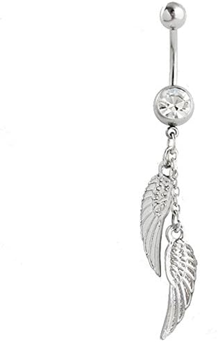 Belly Button Ring Silvertone ANGEL WINGS Charms Clear Gem 14g Stainless Steel Navel Piercing Body Jewelry