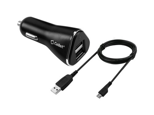 Cellet 10 Watt (2.1 Amp) High Power Dual USB Port Car Charger with Micro USB for Samsung S3 S4 S5 Note 2 3 HTC One Nokia Motorola Smartphones and Tablets Cable