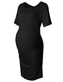 Women's Bodycon Maternity Dress Casual Short Sleeve Ruched Sides Knee Length Pregnant Dresses Black L