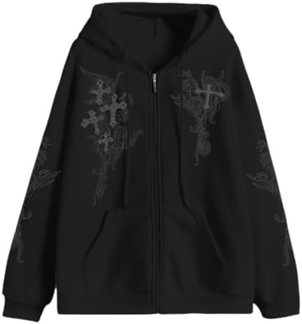 YUNZSXJY Womens Men Zip Up Grunge Hoodie Cross Print Jacket