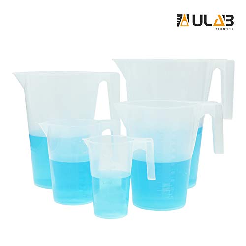 ULAB Scientific Half Handle Plastic Measuring Beaker Set, Stackable 5 Sizes 250ml 500ml 1000ml 2000ml 3000ml, with Spout and Molded Graduation, UBP1004 - Thumbnail 4