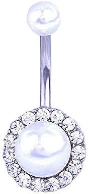 KUUCOL Rhinestone Pearl Navel Rings Belly Button Bar Ring Dangle Body Piercing Jewelry for Women (white)