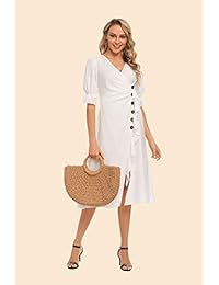 MiXiaoJie Vestido bohemio casual de verano con cuello en V y media manga, con botones