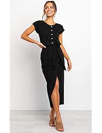 Angashion - Vestido de mujer con dobladillo alto y bajo irregular, parte delantera dividida, corte recto, con cinturón