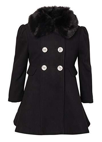 Cremson Girls' Wool Look Princess Winter Dress Pea Coat Jacket Faux Fur Collar - Black (Size 16)