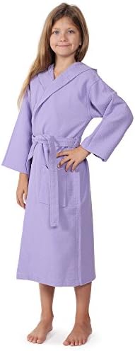 Kids Waffle Bathrobe, Hooded, 100% Cotton, Diamond Pattern, Made in Turkey, Spa Party Robe For Girls (Lavender, S/M)