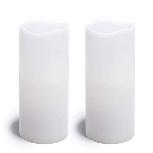 Large Flameless Pillar Candles - White Wax 4 x 10 Inch Candle Set, 2 Pack, Melted Edge, Warm White LED Light - Batteries & Remote Included (Renewed)