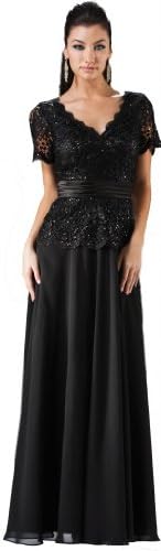 Meier Women's Short Sleeve Double V-Neck Lace Mother of Bride Dress