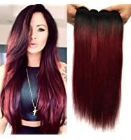 Black Rose Hair Two Tone Straight Ombre Hair Extensions 7A Peruvian Virgin Hair Straight Human Hair Weave 3 Bundles 1B/99J Black+Burgundy 100g/pcs (12" 12" 12")
